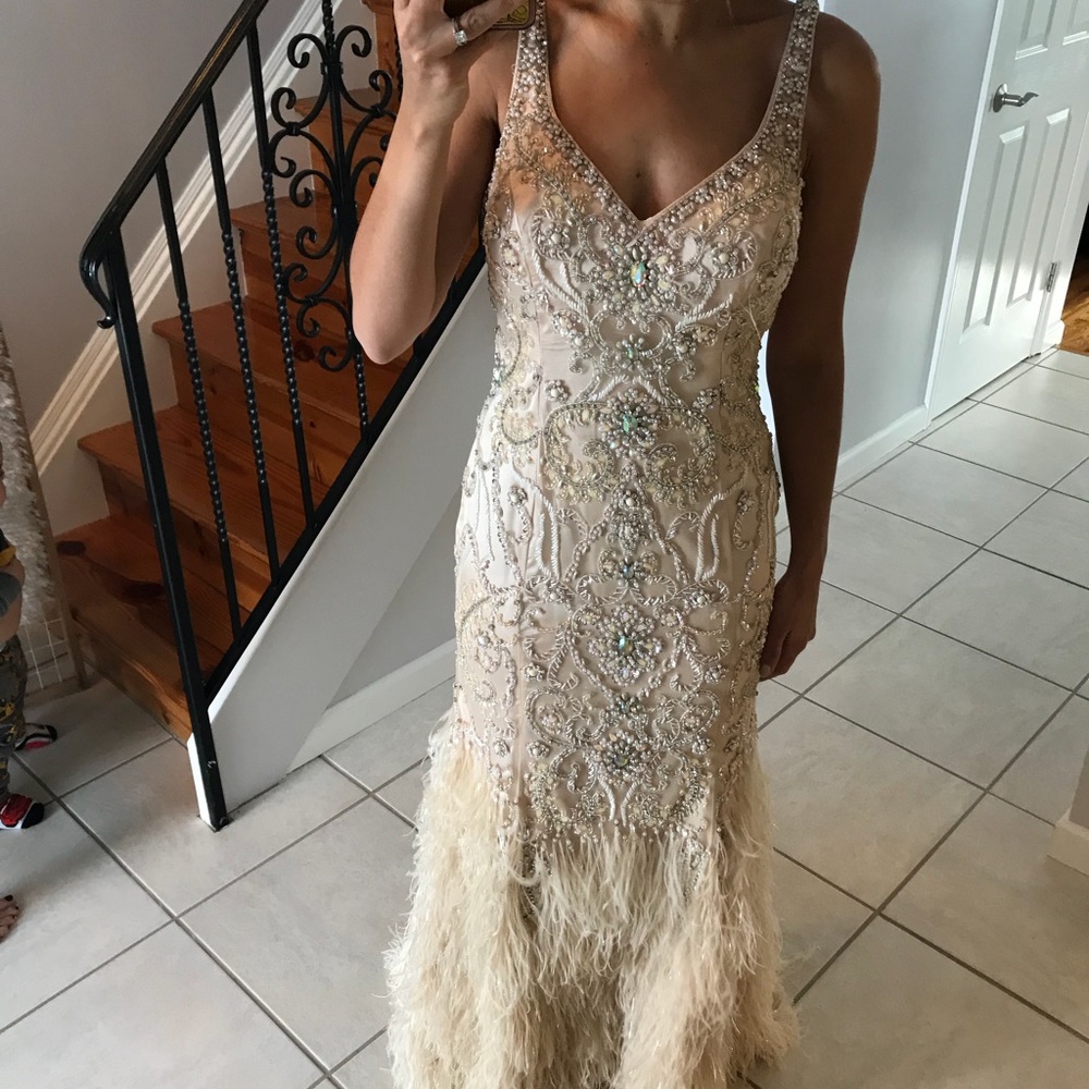 Terani Champagne Sequin & Feathers Gown (6)